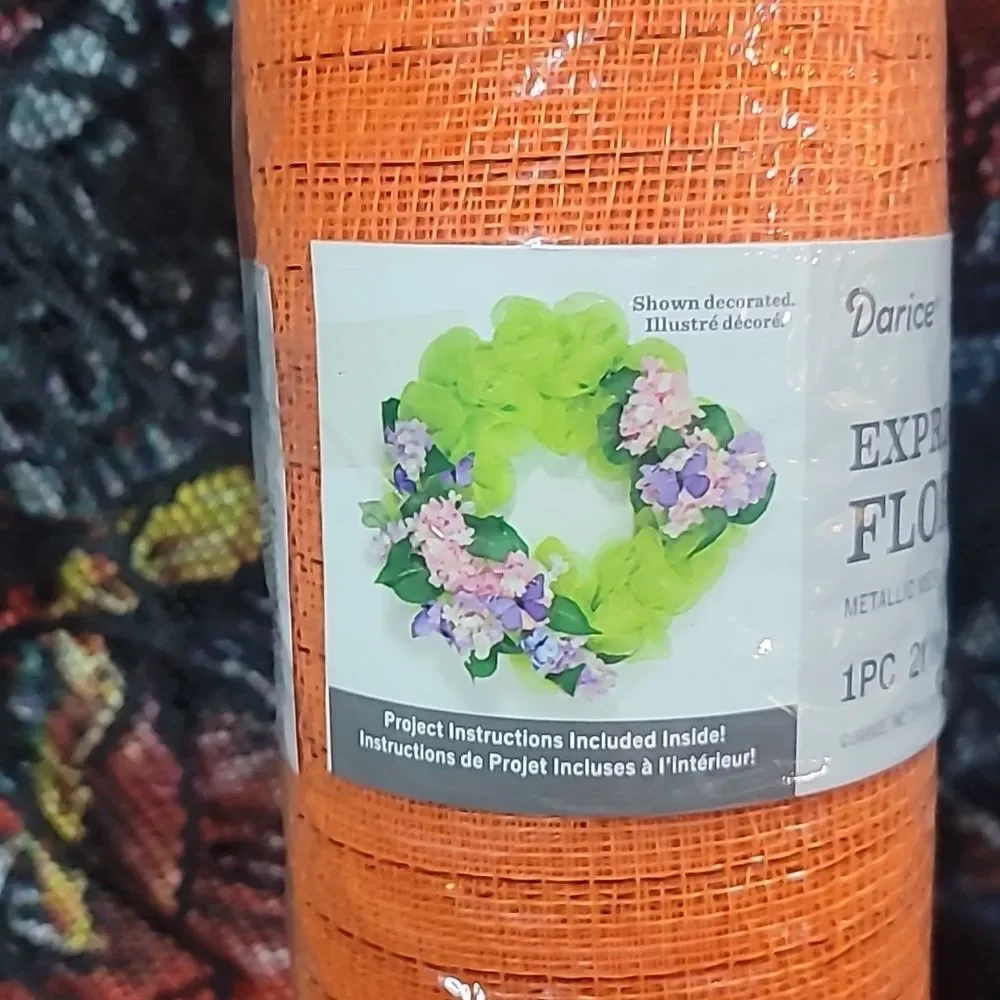 Floral Deco Mesh Roll - Orange with Orange Metallic Accents